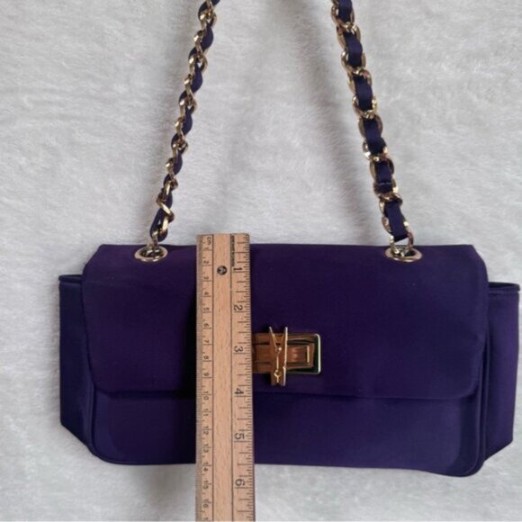 Love Moschino Satin Chain Strap Clothespin Turn Lock Shoulder Bag Purple Gold - Picture 15 of 16